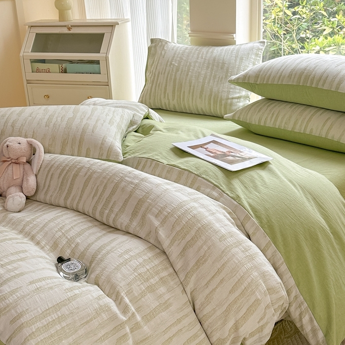 91家纺网 家纺一手货源 找家纺 菡宝 2025新款a类母婴级纯棉全棉纯棉色织三层纱提花系列四件套 艾瑞-绿