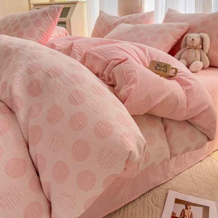 菡宝 2025新款a类母婴级纯棉全棉纯棉色织三层纱提花系列四件套 波点-粉