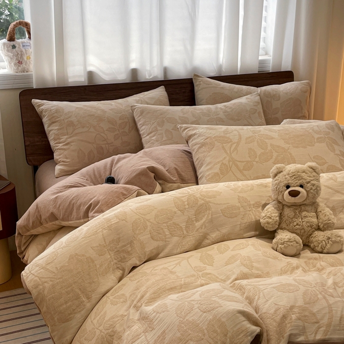 91家纺网 家纺一手货源 找家纺 菡宝 2025新款a类母婴级纯棉全棉纯棉色织三层纱提花系列四件套 花想容-米咖