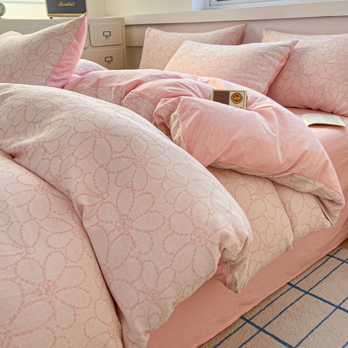 菡宝 2025新款a类母婴级纯棉全棉纯棉色织三层纱提花系列四件套 洛可可-粉