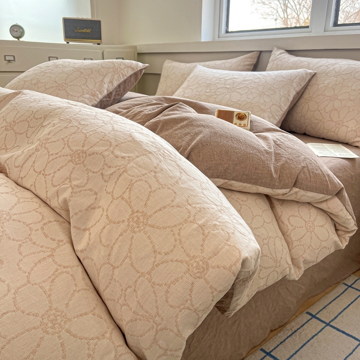 菡宝 2025新款a类母婴级纯棉全棉纯棉色织三层纱提花系列四件套 洛可可-米咖