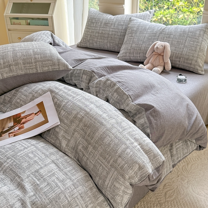 91家纺网 家纺一手货源 找家纺 菡宝 2025新款a类母婴级纯棉全棉纯棉色织三层纱提花系列四件套 米亚-灰