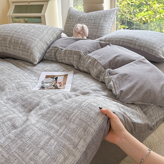 91家纺网 家纺一手货源 找家纺 菡宝 2025新款a类母婴级纯棉全棉纯棉色织三层纱提花系列四件套 米亚-灰