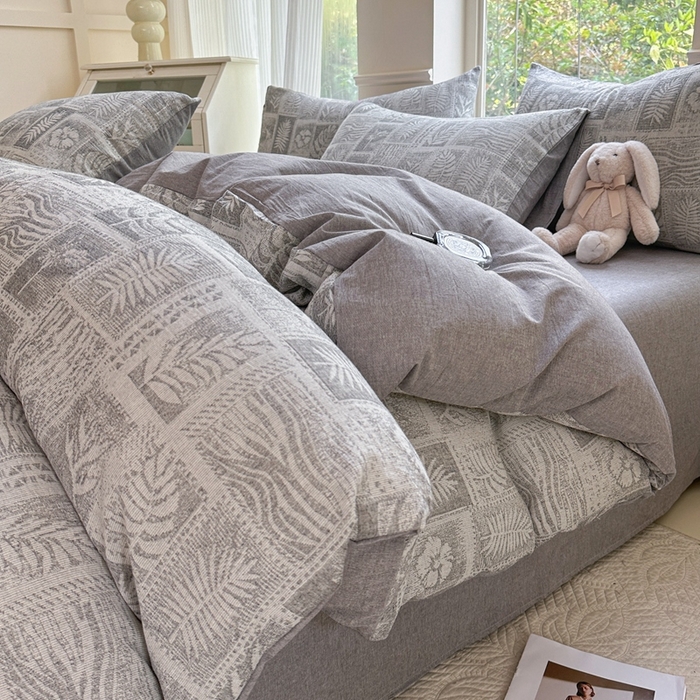 菡宝 2025新款a类母婴级纯棉全棉纯棉色织三层纱提花系列四件套 叶之美-灰