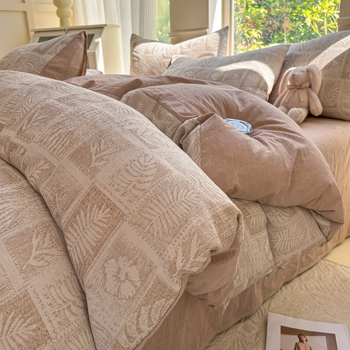 菡宝 2025新款a类母婴级纯棉全棉纯棉色织三层纱提花系列四件套 叶之美-卡其