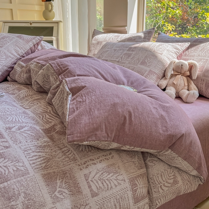 91家纺网 家纺一手货源 找家纺 菡宝 2025新款a类母婴级纯棉全棉纯棉色织三层纱提花系列四件套 叶之美-紫