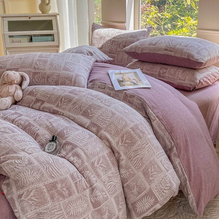 91家纺网 家纺一手货源 找家纺 菡宝 2025新款a类母婴级纯棉全棉纯棉色织三层纱提花系列四件套 叶之美-紫