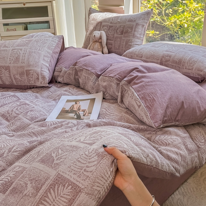 91家纺网 家纺一手货源 找家纺 菡宝 2025新款a类母婴级纯棉全棉纯棉色织三层纱提花系列四件套 叶之美-紫