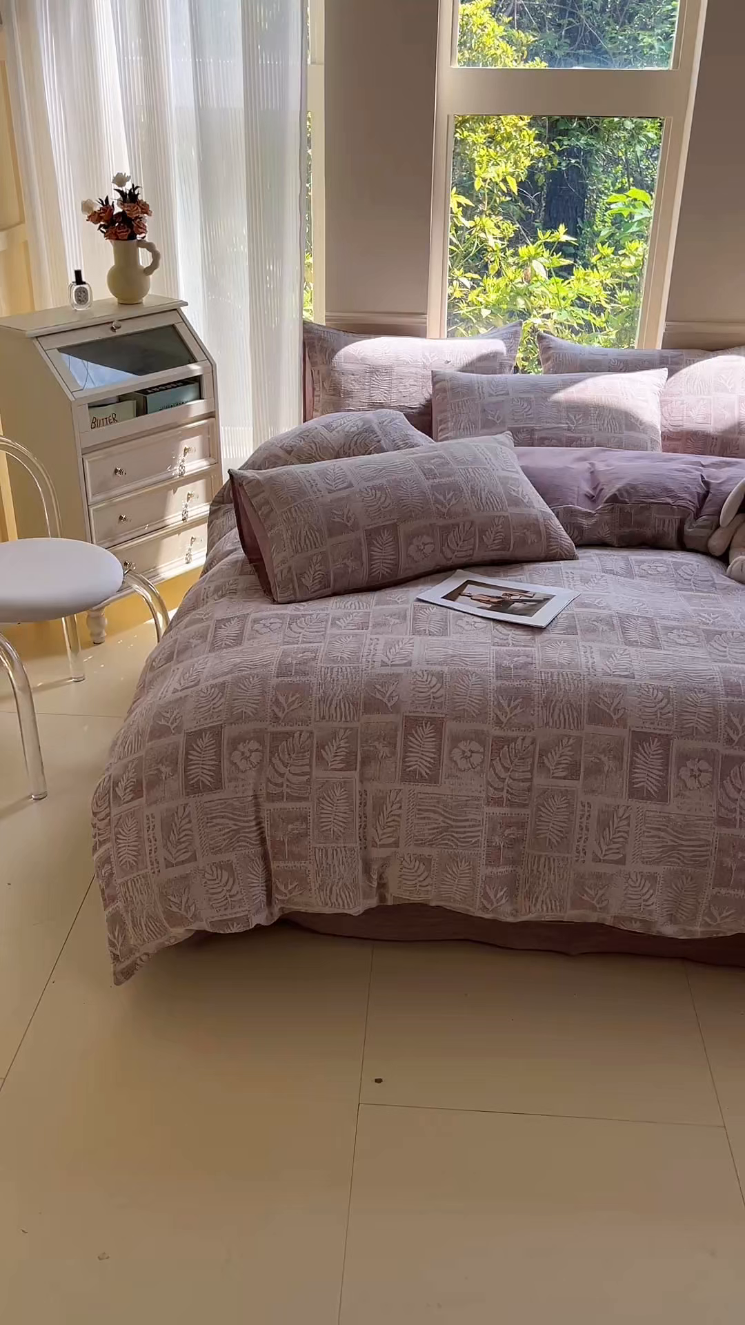 91家纺网 家纺一手货源 找家纺 菡宝 2025新款a类母婴级纯棉全棉纯棉色织三层纱提花系列四件套 叶之美-紫