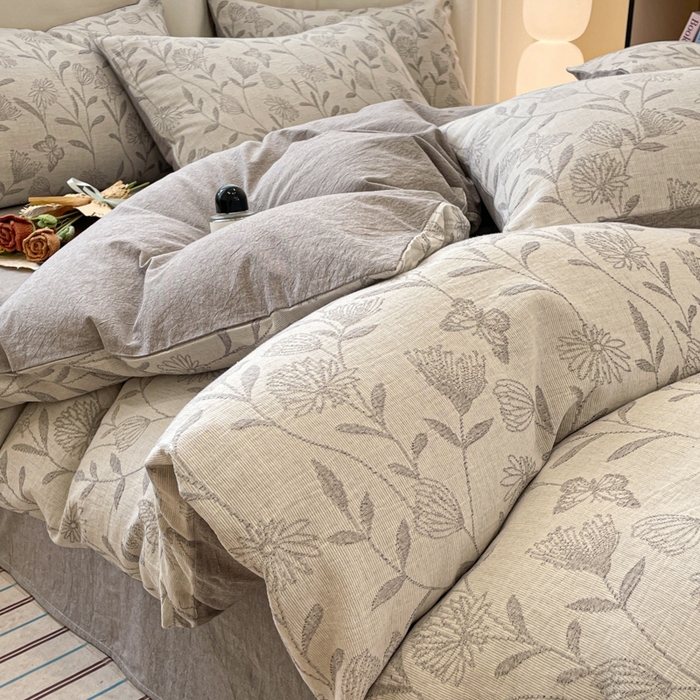 菡宝 2025新款a类母婴级纯棉全棉纯棉色织三层纱提花系列四件套 韵蝶-灰