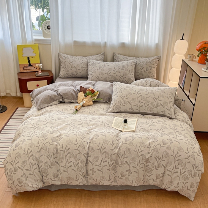 91家纺网 家纺一手货源 找家纺 菡宝 2025新款a类母婴级纯棉全棉纯棉色织三层纱提花系列四件套 韵蝶-灰