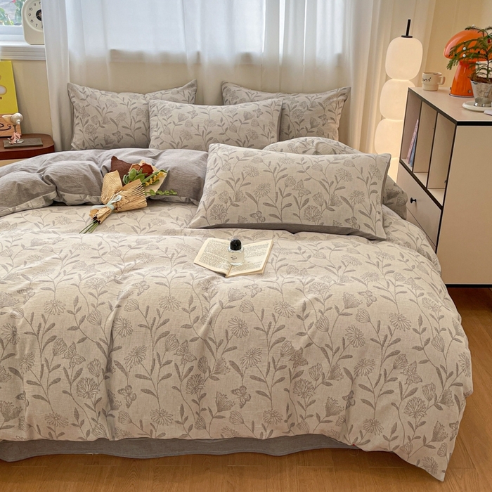 91家纺网 家纺一手货源 找家纺 菡宝 2025新款a类母婴级纯棉全棉纯棉色织三层纱提花系列四件套 韵蝶-灰