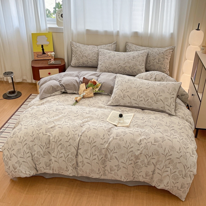 91家纺网 家纺一手货源 找家纺 菡宝 2025新款a类母婴级纯棉全棉纯棉色织三层纱提花系列四件套 韵蝶-灰