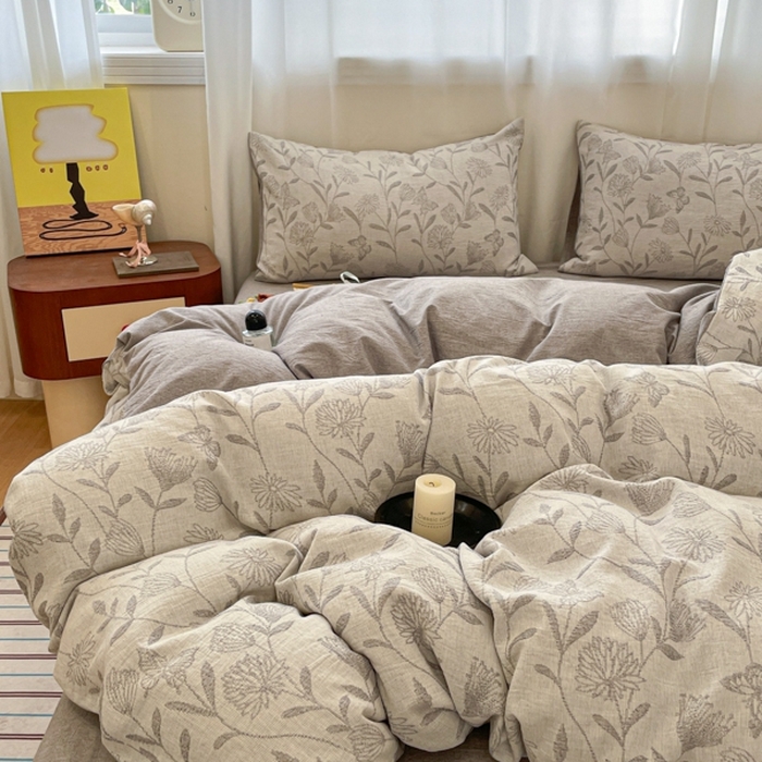 91家纺网 家纺一手货源 找家纺 菡宝 2025新款a类母婴级纯棉全棉纯棉色织三层纱提花系列四件套 韵蝶-灰