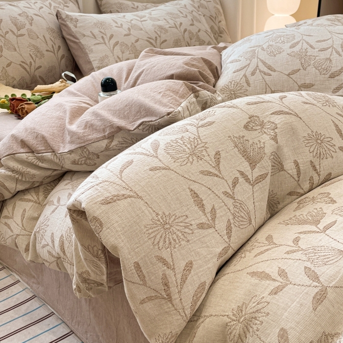 菡宝 2025新款a类母婴级纯棉全棉纯棉色织三层纱提花系列四件套 韵蝶-米咖