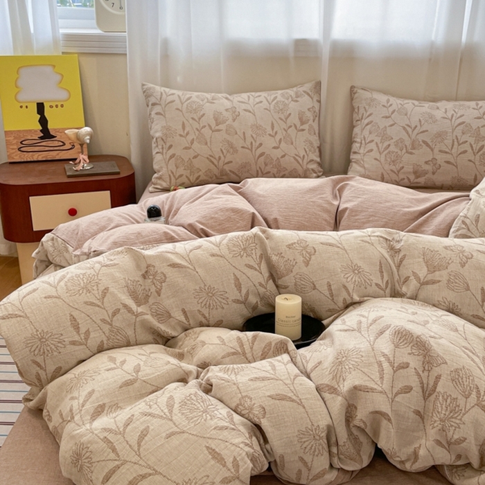 91家纺网 家纺一手货源 找家纺 菡宝 2025新款a类母婴级纯棉全棉纯棉色织三层纱提花系列四件套 韵蝶-米咖