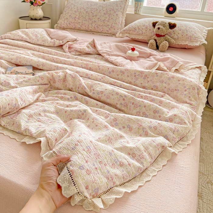 91家纺网 家纺一手货源 找家纺 （总）2025新款云感皱皱纱全棉花边款夏被四件套