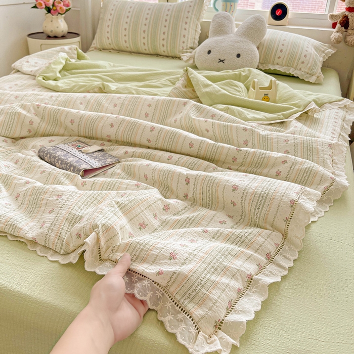 2025新款云感皱皱纱全棉花边款夏被四件套