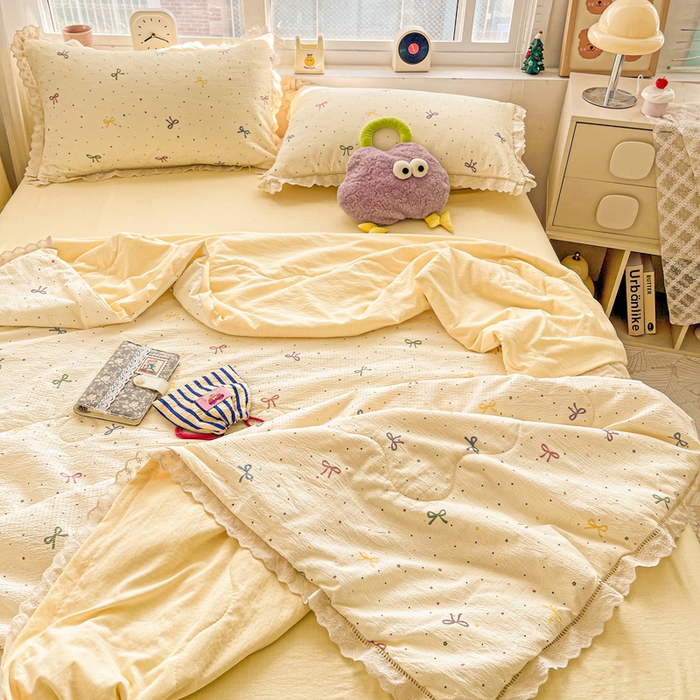 91家纺网 家纺一手货源 找家纺 2025新款云感皱皱纱全棉花边款夏被四件套