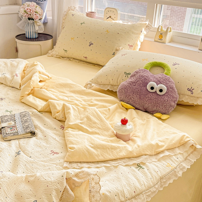 91家纺网 家纺一手货源 找家纺 2025新款云感皱皱纱全棉花边款夏被四件套