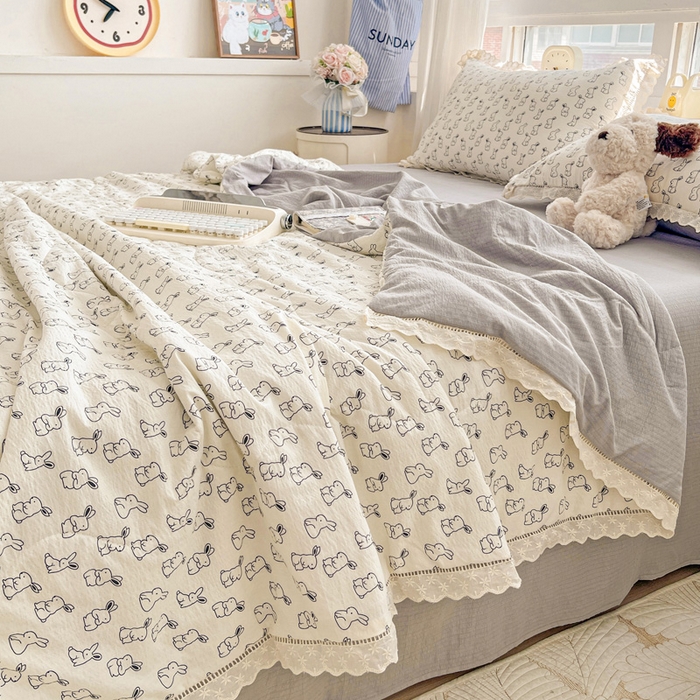 91家纺网 家纺一手货源 找家纺 2025新款云感皱皱纱全棉花边款夏被四件套