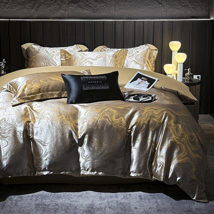 91家纺网 家纺一手货源 找家纺 七夜居 2025新款直播爆款欧式轻奢贡缎提花磨毛四件套 流金溢彩