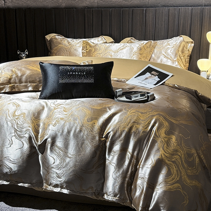 91家纺网 家纺一手货源 找家纺 七夜居 2025新款直播爆款欧式轻奢贡缎提花磨毛四件套 流金溢彩