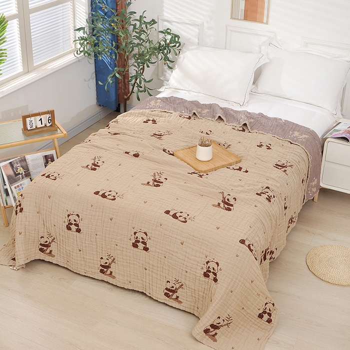 萌飞 2025春夏新款全棉纯棉超柔四层泡纱布毛巾被 熊猫