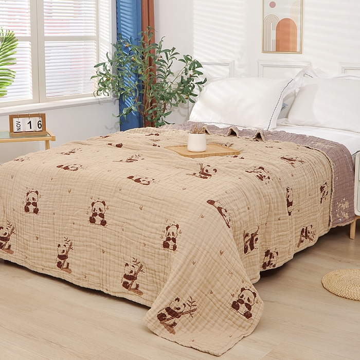 91家纺网 家纺一手货源 找家纺 萌飞 2025春夏新款全棉纯棉超柔四层泡纱布毛巾被 熊猫