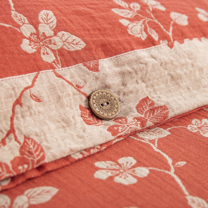 91家纺网 家纺一手货源 找家纺 2025新款全棉色织双层纱纽扣款四件套 春晖-桔红