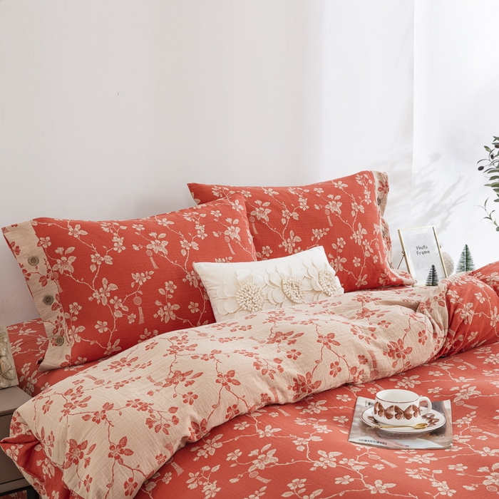 91家纺网 家纺一手货源 找家纺 2025新款全棉色织双层纱纽扣款四件套 春晖-桔红