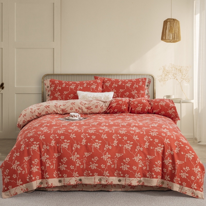 91家纺网 家纺一手货源 找家纺 2025新款全棉色织双层纱纽扣款四件套 春晖-桔红