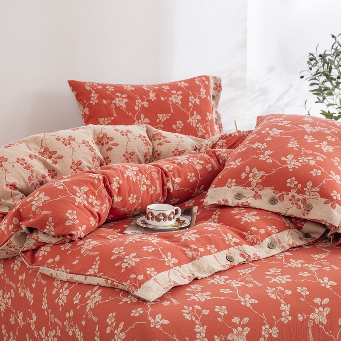 91家纺网 家纺一手货源 找家纺 2025新款全棉色织双层纱纽扣款四件套 春晖-桔红