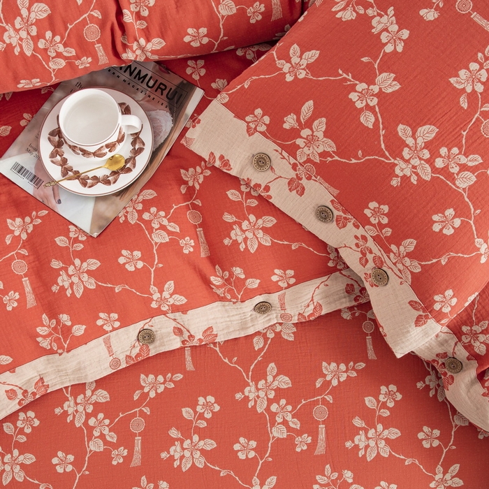 91家纺网 家纺一手货源 找家纺 2025新款全棉色织双层纱纽扣款四件套 春晖-桔红