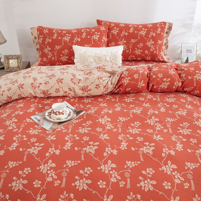 91家纺网 家纺一手货源 找家纺 2025新款全棉色织双层纱纽扣款四件套 春晖-桔红