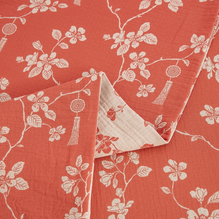 91家纺网 家纺一手货源 找家纺 2025新款全棉色织双层纱纽扣款四件套 春晖-桔红