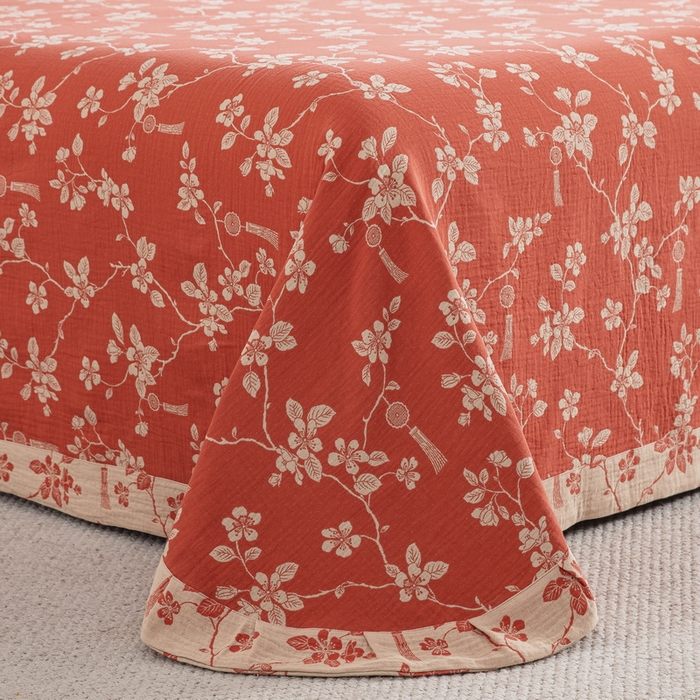 91家纺网 家纺一手货源 找家纺 2025新款全棉色织双层纱纽扣款四件套 春晖-桔红