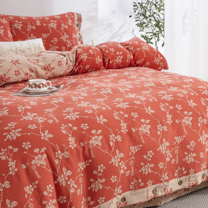 91家纺网 家纺一手货源 找家纺 2025新款全棉色织双层纱纽扣款四件套 春晖-桔红