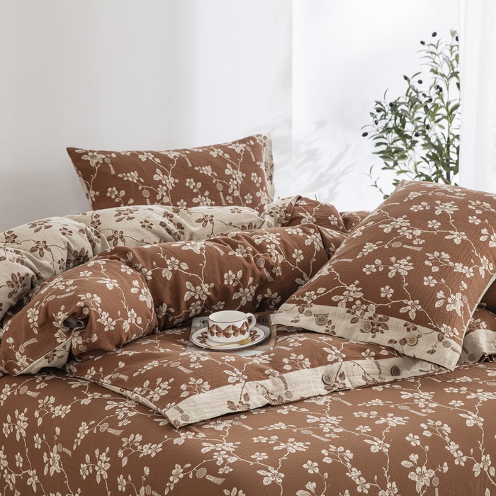 91家纺网 家纺一手货源 找家纺 2025新款全棉色织双层纱纽扣款四件套 春晖-浅咖