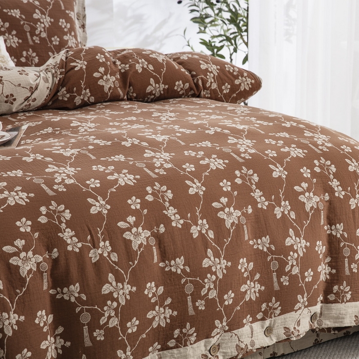 91家纺网 家纺一手货源 找家纺 2025新款全棉色织双层纱纽扣款四件套 春晖-浅咖