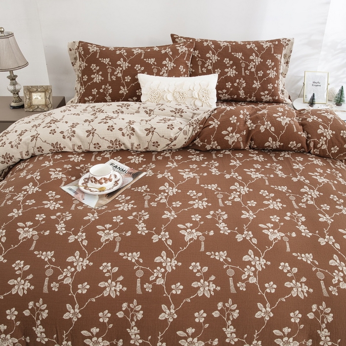 91家纺网 家纺一手货源 找家纺 2025新款全棉色织双层纱纽扣款四件套 春晖-浅咖