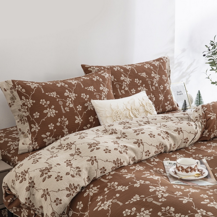 91家纺网 家纺一手货源 找家纺 2025新款全棉色织双层纱纽扣款四件套 春晖-浅咖