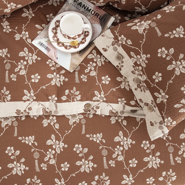 91家纺网 家纺一手货源 找家纺 2025新款全棉色织双层纱纽扣款四件套 春晖-浅咖