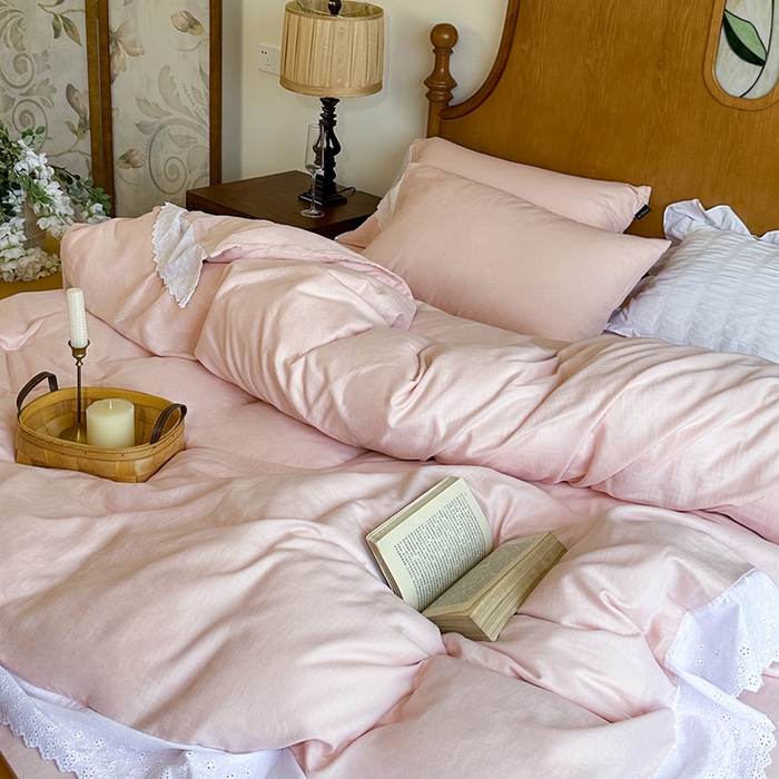 91家纺网 家纺一手货源 找家纺 窝米 2025新款全棉纯棉轻氧纱蕾丝花边款四件套系列 轻氧纱-白桃粉