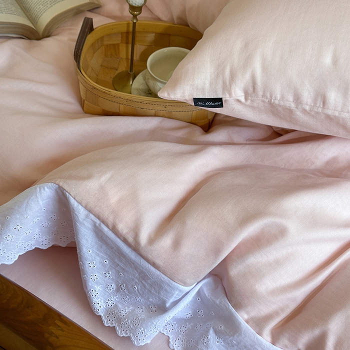 91家纺网 家纺一手货源 找家纺 窝米 2025新款全棉纯棉轻氧纱蕾丝花边款四件套系列 轻氧纱-白桃粉