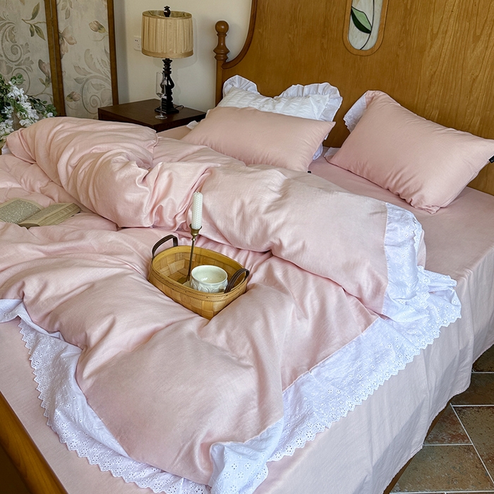 91家纺网 家纺一手货源 找家纺 窝米 2025新款全棉纯棉轻氧纱蕾丝花边款四件套系列 轻氧纱-白桃粉