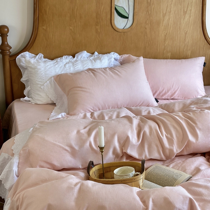 91家纺网 家纺一手货源 找家纺 窝米 2025新款全棉纯棉轻氧纱蕾丝花边款四件套系列 轻氧纱-白桃粉