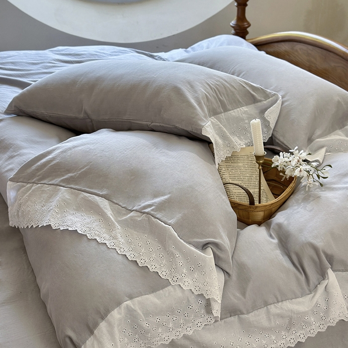 91家纺网 家纺一手货源 找家纺 窝米 2025新款全棉纯棉轻氧纱蕾丝花边款四件套系列 轻氧纱-冰川灰