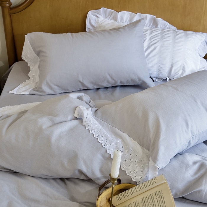 91家纺网 家纺一手货源 找家纺 窝米 2025新款全棉纯棉轻氧纱蕾丝花边款四件套系列 轻氧纱-冰川灰