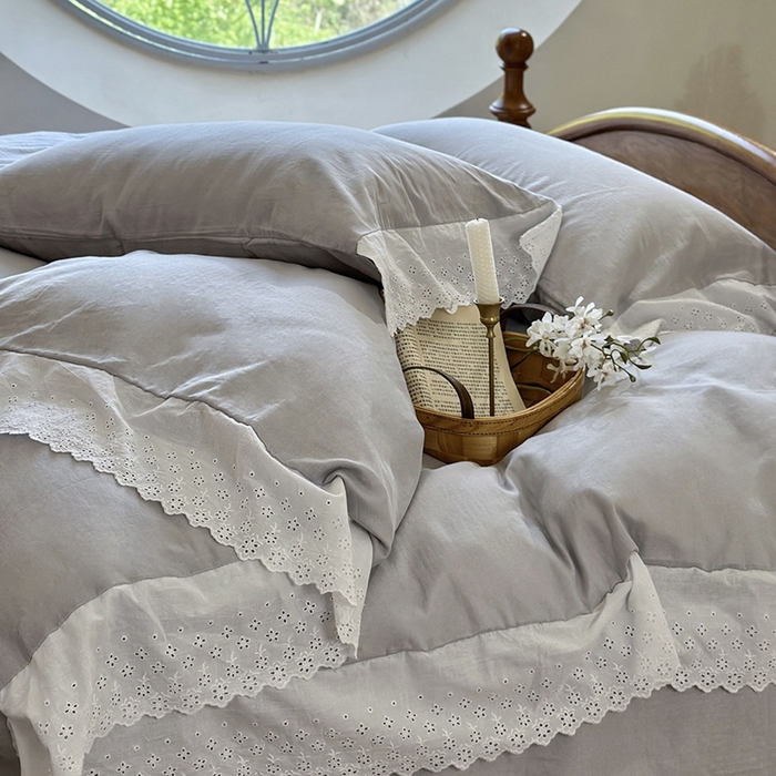 91家纺网 家纺一手货源 找家纺 窝米 2025新款全棉纯棉轻氧纱蕾丝花边款四件套系列 轻氧纱-冰川灰